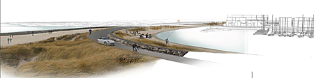 Illustration af, hvordan Klitlandskabet på ydersiden af dæmningen kunne komme til at se ud